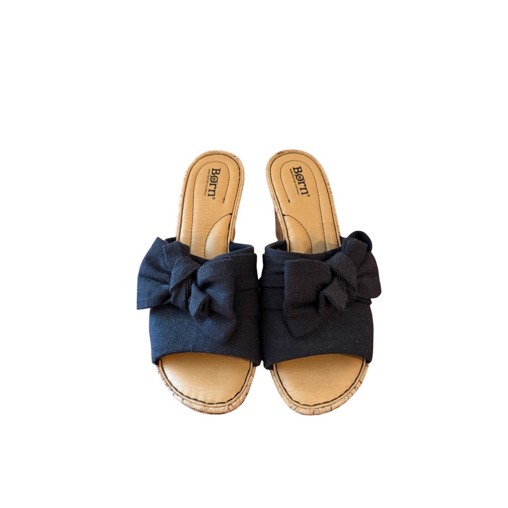 Born Womens Black Fabric Bow Cork Wedge Sandals Slides BR0068309 Size 10M